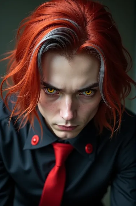 Just a 28 year old man with medium red hair with gray tips vibrant yellow eyes a serious expression a black toothpick with red details and a red tie 