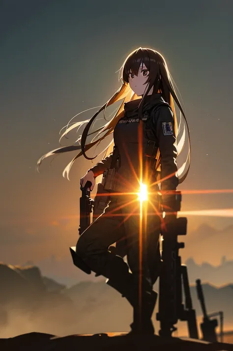 In the spotlight, holding_gun, assault_rifle, Very detailed, Brown Hair, Long Hair, Anime Style, whole body, alone, Stylish Gunfighter Girl, Holding a steampunk long barrel pistol,Standing in the wasteland, 8K high resolution, White Background, The backgro...