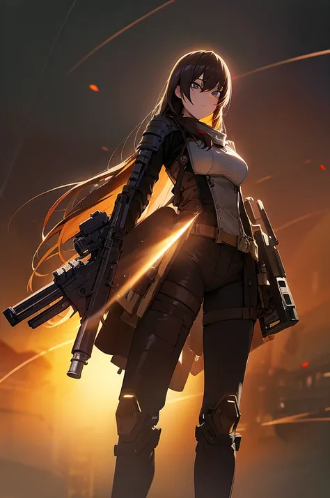 In the spotlight, holding_gun, assault_rifle, Very detailed, Brown Hair, Long Hair, Anime Style, whole body, alone, Stylish Gunfighter Girl, Holding a steampunk long barrel pistol,Standing in the wasteland, 8K high resolution, White Background, The backgro...