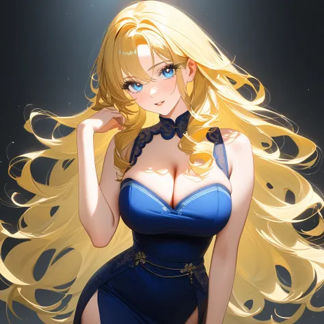 Tall Mature Women With Long blonde curly hair and Dark Blue Eyes , With Long black Eyelashes , Wearing Half sleeve Blue dress with slit open on sides  , Full portrait, huge chest with cleavage , Hyper detailed eyes , hugh resolution, High quality, 4kHd , M...