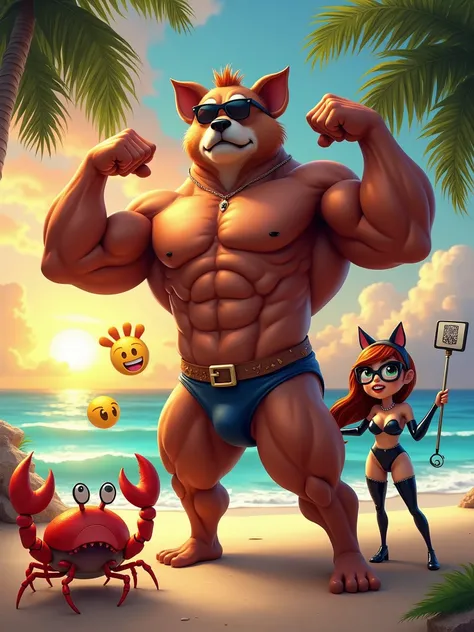 Create an epic and hilarious meme featuring a muscular anthropomorphic dog (Muscle Dog) with exaggerated bodybuilder physique, flexing his muscles and wearing comically small sunglasses. Hes standing confidently on a tropical beach, striking a heroic pose....