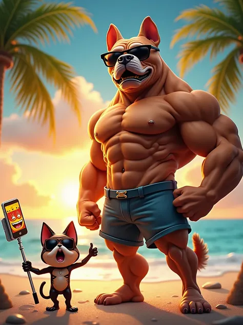 Create an epic and hilarious meme featuring a muscular anthropomorphic dog (Muscle Dog) with exaggerated bodybuilder physique, flexing his muscles and wearing comically small sunglasses. Hes standing confidently on a tropical beach, striking a heroic pose....