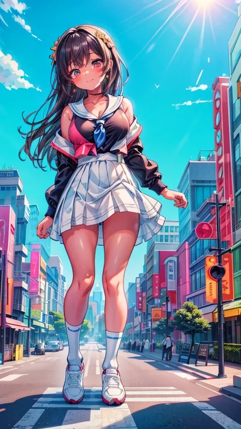 Composition viewed from below　blue sky　cumulonimbus　Sun light　masterpiece　((Brown skin))　((Sunburn))　Anime Style　Delicate painting　4K　90s　giant　Multiple Girls　crowd　 ((Black Hair))　　Metropolis　　　crowd　Crowd of people　((A giant schoolgirl standing in the va...