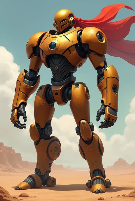 A Golem fighting robot made of metallic copper and with long limbs, an electrical core and a helmet, in a fighting pose with a clenched fist in a flat dark desert with a red scarf, 2d concept art