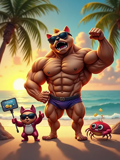 Create an epic and hilarious meme featuring a muscular anthropomorphic dog (Muscle Dog) with exaggerated bodybuilder physique, flexing his muscles and wearing comically small sunglasses. Hes standing confidently on a tropical beach, striking a heroic pose....