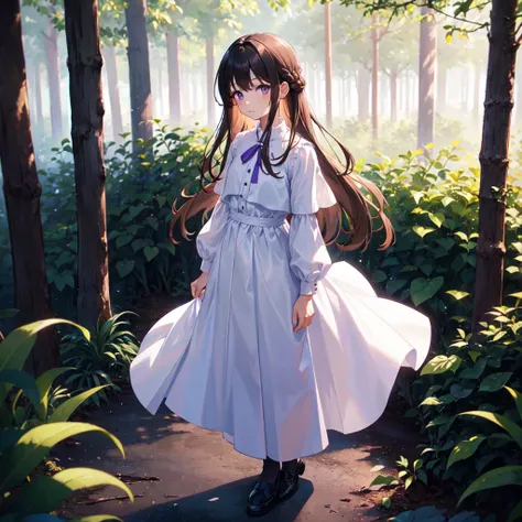 1 girl, brown very long untied hair, no bangs, purple dead eyes, wearing white long dress with blue top coat, black socks and flat shoes, watching a brown bird standing in her hand, rainy forest, high res, ultrasharp, 8k, masterpiece