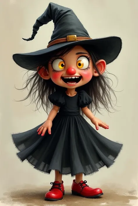 This is Sylvia, the witch. Her dress is black. Her shoes are red. Her eyes are big and yellow. She has got a big, red nose. Her mouth is big. She’s scary!