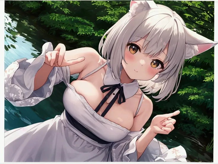 fsnw1.9　(Printed Polaroid Photo(2females および2人の女の子 cute,cute　Five fingers　Five fingers　Small wolf ears　Small wolf ears　White Shorthair　Brown short hair　Petite　 Petite　She has big breasts　She has big breasts　first round　first round　　The background is a pond...