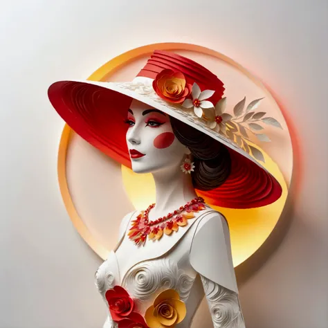 A stunning paper art piece on a crisp white background, featuring a mysterious lady adorned in a stylish hat and elegant colorful frock, standing gracefully next to the red glowing moon.