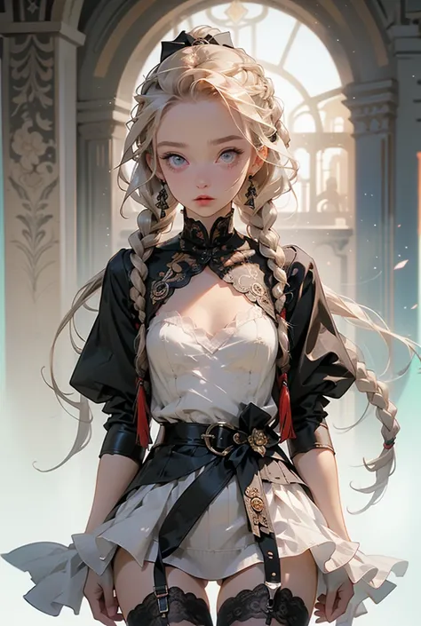 (((masterpiece, of the highest quality, super detailed))), 1girl, (big forhead:1.2),extremely detailed cute anime face, (((flat chest))), ((flat chest:1.1)),((((long twin braids,tight braids,long braid,braided hair,long hair)))), ((ponytail, thick ponytail...