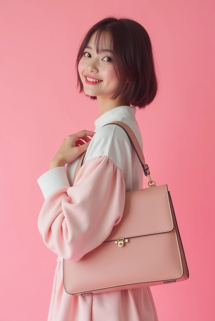 Now generate a realistic kpop idol using that bag with a pink background




