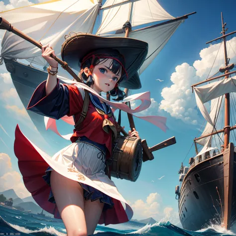 One Girl（８age）, pirate, Highest quality、Cinema Lighting、Sailor suit、Long skirt、 sailboat（Galleon）On the mast、White panties,