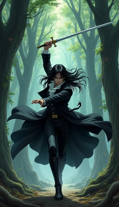 Full-body illustration of "Vampire Hunter D" by Yoshitaka Amano. The male character D, dressed in all black with a European aristocratic-style white shirt under a long black coat, dashes forward with his sword raised high. His handsome face, framed by flow...