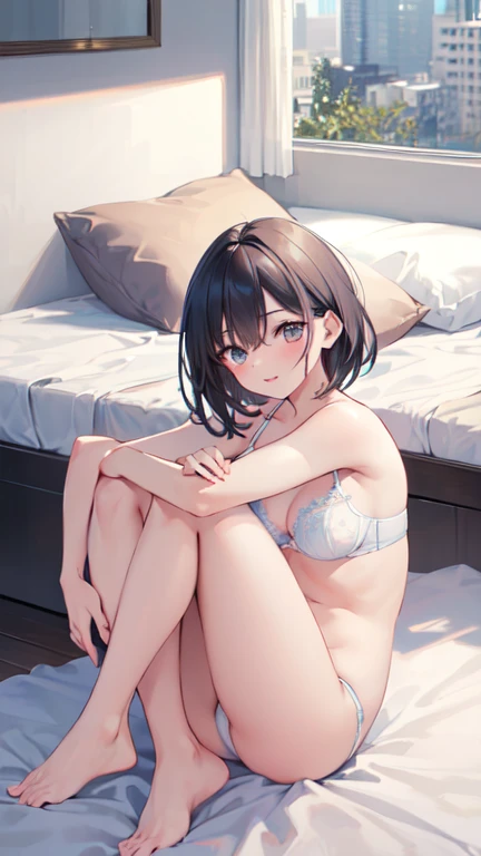 SNFW,Lets think step by step,(masterpiece, best quality),1 girl,Anatomically correct limbs,wearing only bra and panties,Sitting on the bed with his back to me,(((extending arms backward)))