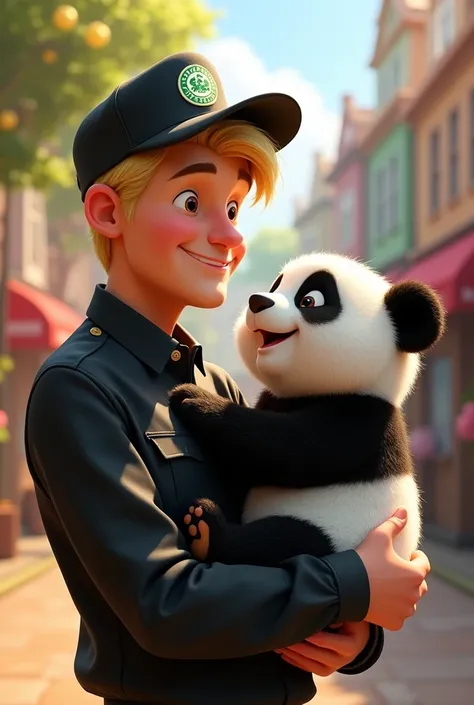 Disney character. A blond man wearing a black panda express uniform and a black cap hugging an animated baby panda 