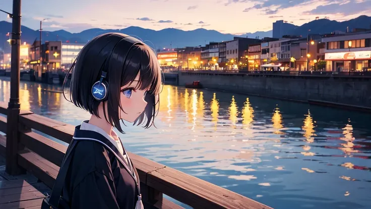 Enjoy boat racing at Suminoe Boat Races。A young girl with black hair wearing stylish clothes and headphones labeled "lo-fi" The girl is shown in profile, gazing into the distance with a calm, relaxed expression Background depicts the iconic scenery of Namb...