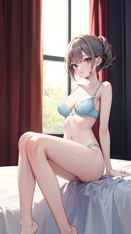 SNFW,Lets think step by step,(masterpiece, best quality),1 girl,Anatomically correct limbs,wearing only bra and panties,Sitting on the bed with his back to me,((extending arms backward))