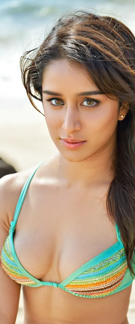  close up bodyshot photo of shraddha kapoor in mini bikini and gstring , free hair, masterpiece, 33 year old, while fucking, looking at viewer, showing her cleavage and navel, in beach, looking at viewer, marathi woman, sexy nose ring, sexy face, golden br...