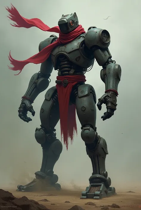 An old rusty robot Golem fighter made of dark metal and with long limbs, an electrical core and a helmet, in a martial arts fighting pose about to fight with a closed fist, on a flat place, dark and gloomy with a red scarf, 2d concept art