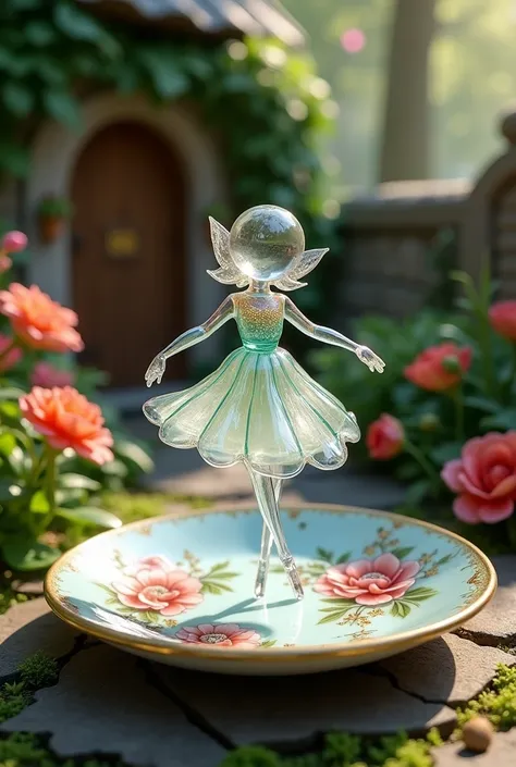 A delicate miniature girl -like figure,fashioned from colourful glass, twirling on an intricately painted porcelain plate,set in a quaint, fairy -tale garden with vibrant flowers and ivy- covered walls.the plates ornate designs add a touch of elegance, whi...