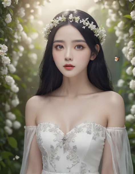 beautiful woman, long black hair, pearl white dress, flower crown, flower garden, butterflies, detailed eyes, detailed lips, extremely detailed face, longeyelashes, elegant, serene, photorealistic, 8k, best quality, ultra-detailed, realistic, physically-ba...