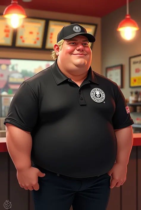 Disney character. A slightly chubby blond man wearing a black Panda Express uniform and a black cap 