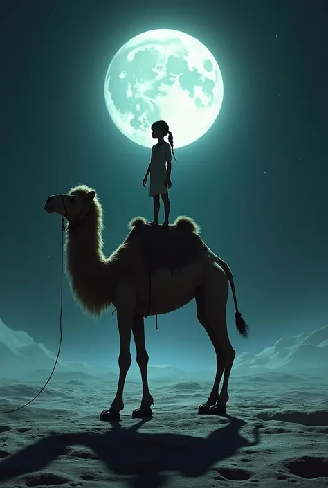 Girl standing on camel and background is moon surface
