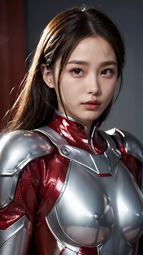 Ultraman、realistic、realistic、cinematic lighting, Girl in a shiny red and silver suit、15 years old、professional photos、Don&#39;Do not expose your skin, japanese model, japanese cgi、Ultraman Suit、, Power Rangers Suit、tight and thin cyber suit,Whole body rubb...