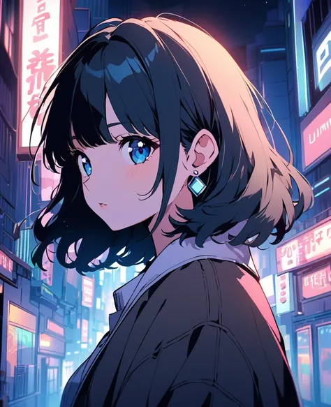 Cute girl retro chill lofi 80s style, with short black hair,blue eyes, 20 years old, earrings, and that it is night in the illuminated city of Tokyo, side look