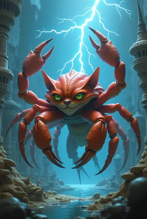 The crab is the main focus, and the cat elements are added to the sea buildings. The lightning effect gives it a strong feel. There are lots of arms that give it an aura.