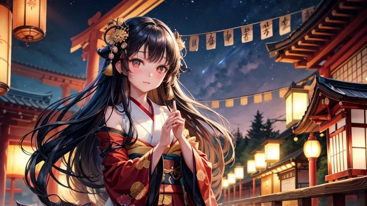 One girl, Long black hair, Brown eyes, Wearing a beautiful Japanese kimono, Shrine maiden,hair ornaments, hair 花, Wide sleeves, Iris, bamboo, View your viewers, night, star (null), Ruffle sleeves, null, night null,night,High resolution, Super sharp, 8k, ma...