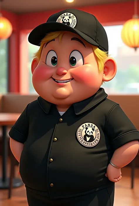 Disney character. A round-faced blond man wearing a black Panda Express uniform and a black cap 