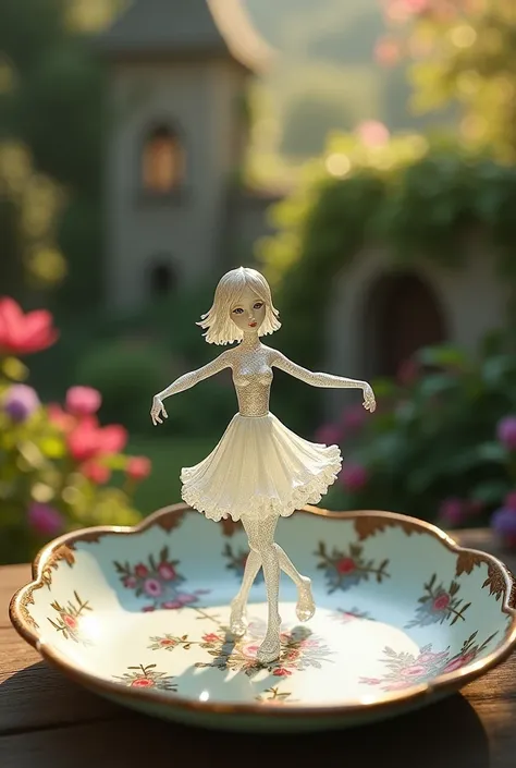 A delicate miniature girl -like figure,fashioned from colourful glass, twirling on an intricately painted porcelain plate,set in a quaint, fairy -tale garden with vibrant flowers and ivy- covered walls.the plates ornate designs add a touch of elegance, whi...