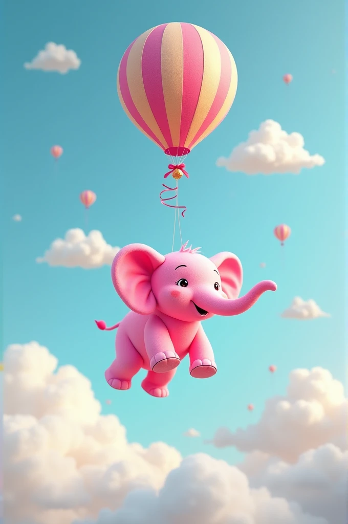 Pink elephant flying on balloon 