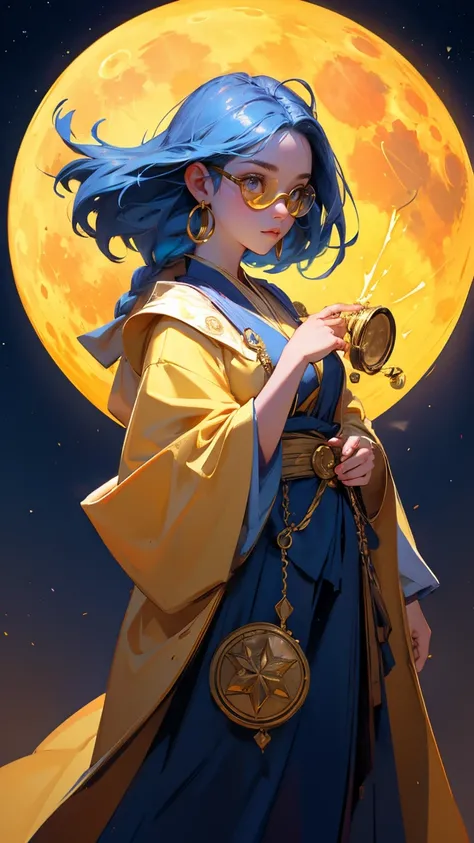 Generate a scene with a mystical, moonlit background where a beautiful, cute girl is standing in the same pose and attire as the original character. The background, including the large glowing yellow moon and scattered coins, should remain exactly the same...