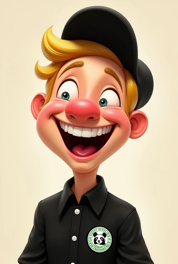 Disney character. A blond man with a bit of cheeks who is laughing and wearing a black Panda Express uniform and a black cap 