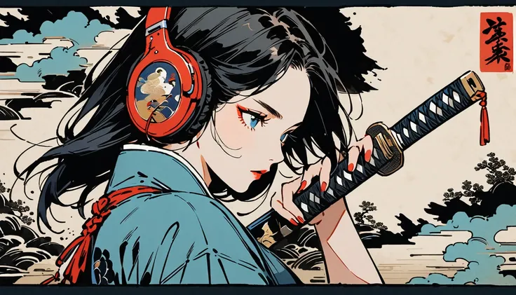 Ink Painting, (((1 girl))), (((samurai))), (((Japanese sword))), (((Swordsman))), Japanese style headphones, beautiful girl, Black Hair, Delicate and precise, Modern ukiyo-e style, red and blue neon