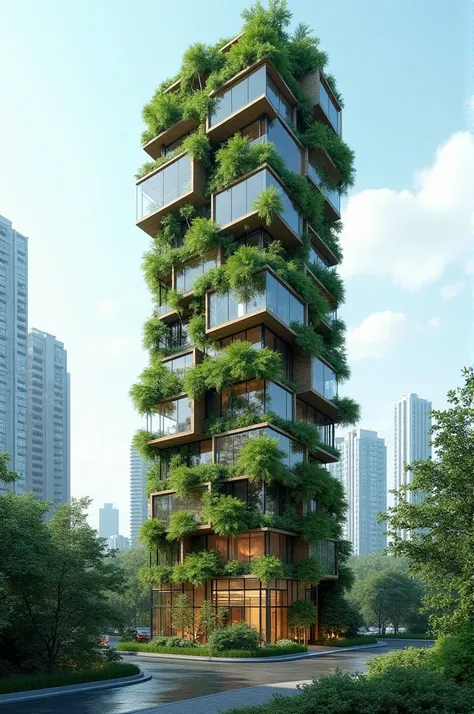 Environmentally friendly high rise building, architectural building, creative shape, aesthetic value