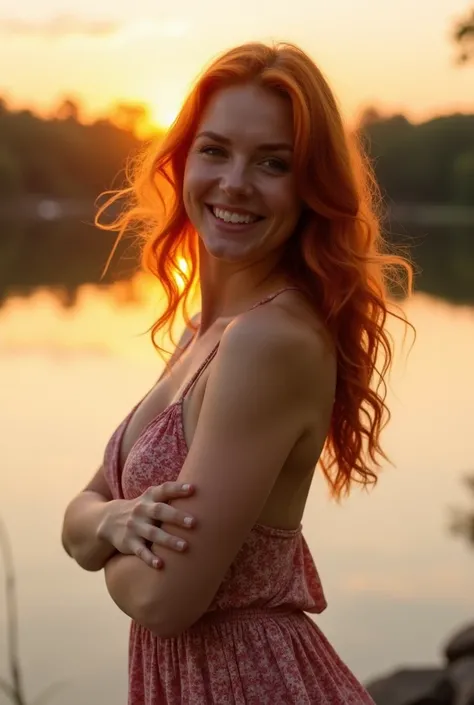 Pretty ginger woman. Standing by a lake at sunset. gorgeous body. Smiling. Hair blowing in the wind. Large breasts. Summer dress. Posing seductively.