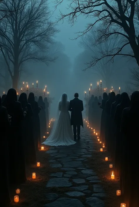 A dark wedding in the night and everyone is in black