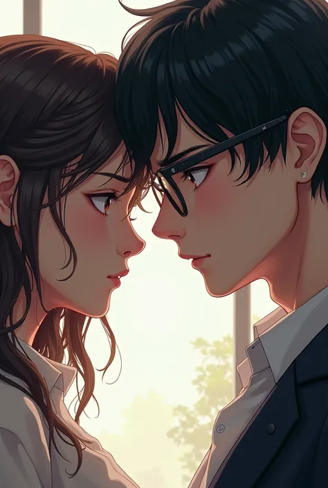 I want to create a image weird guy with a eye glass but hes handsome with a girl beside him  and they look each other anime