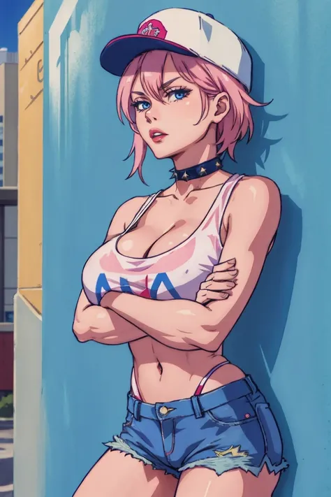 score_9, score_8_up, score_7_up, source_anime BREAK 1girl, solo, cowboy shot, looking at viewer, close-up, facing viewer, 
poisonff, pink hair, blue eyes, spiked hair, peaked cap, choker, collar, tank top, short shorts, denim shorts, torn clothes, androgyn...