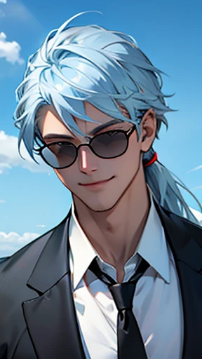 Black suit with white open shirt、Smooth blue hair on her back、Eyes visible through sunglasses、Handsome man holding candy and smiling while looking at camera、Neck-length hair、