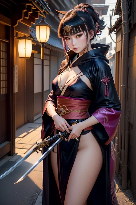 wearing costume、Alafid woman with sword and cloak, anime girl role play, she holds a katana, ayaka role play, anime role play, Inspired by Kiyonobu Torii I, Very beautiful cyberpunk warrior, Fox and bush, Japanese Goddess, glamourous role play, Drawing her...