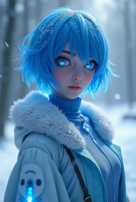 blue short hair, cosmic enchantress, glowing sclera, hypnotic eyes, ultra detailed, top to bottom, fullbody, frosty landscape, freezing, realistic, 4K, ultra-real, Unreal Engine, natural light, ray-traced, color grading