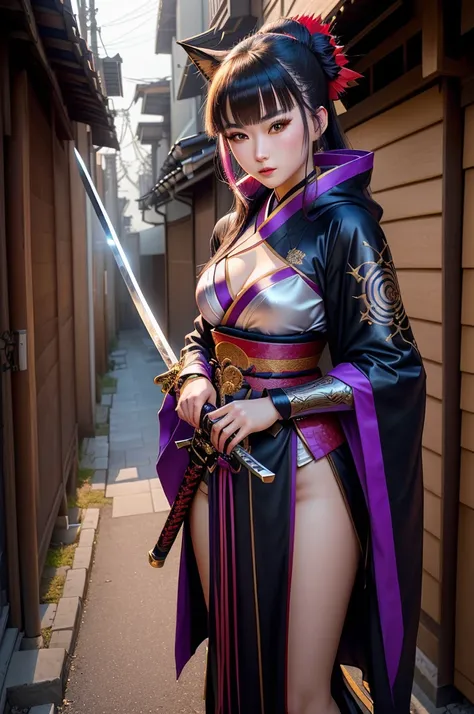 wearing costume、Alafid woman with sword and cloak, anime girl role play, she holds a katana, ayaka role play, anime role play, Inspired by Kiyonobu Torii I, Very beautiful cyberpunk warrior, Fox and bush, Japanese Goddess, glamourous role play, Drawing her...