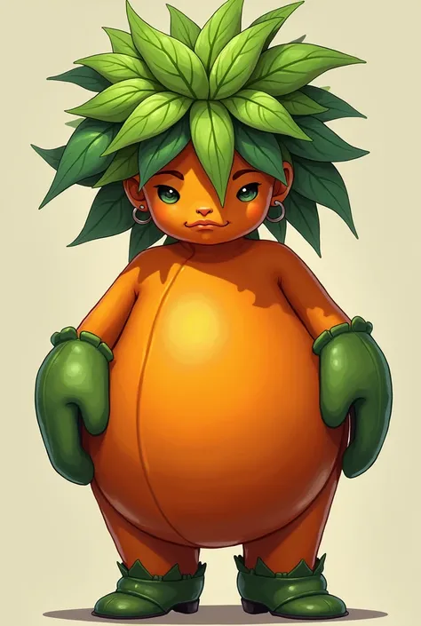 I would like you to create an artwork of a humanoid Peashooter character inspired by the Plants vs Zombies game. The character should be a female, her body should be large and colored in a vibrant orange, giving her a bold and unique appearance.

Her hands...