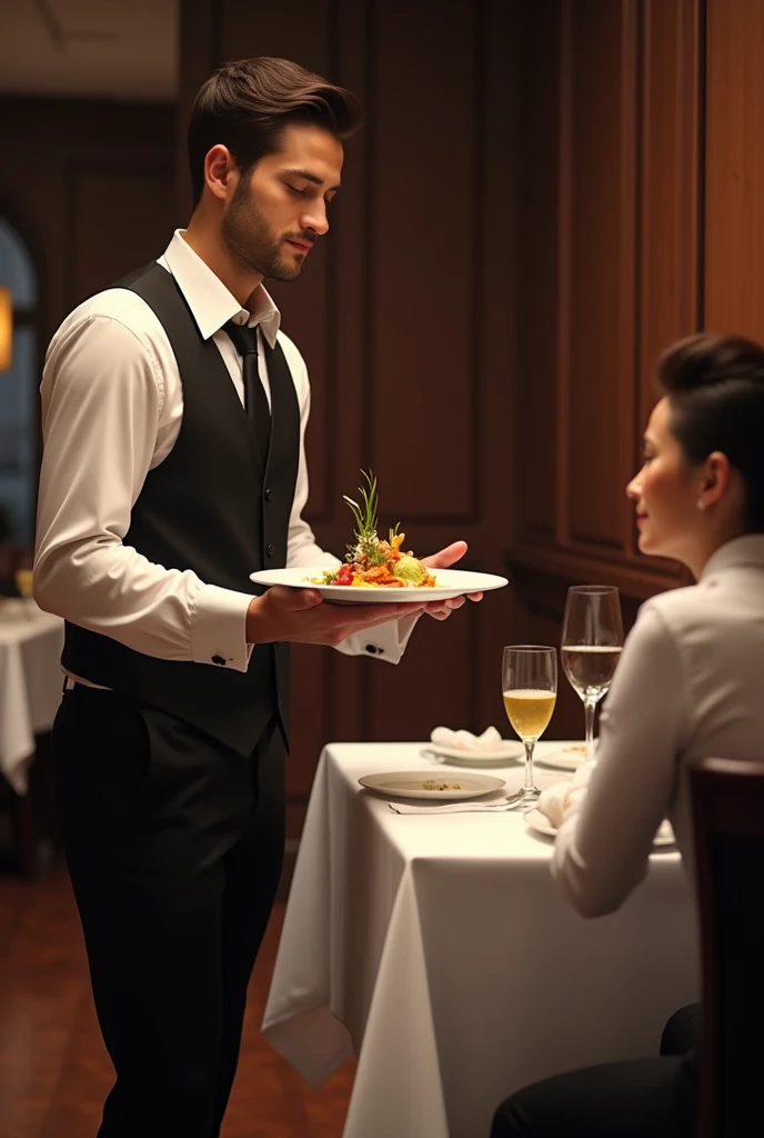 A waiter giving  food to customer 