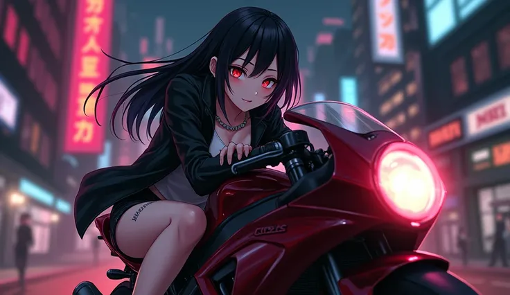 vampire anime girl smiling with glowing red eyes, wearing black jacket and shorts riding a motorcycle in a dark city facing the viewer