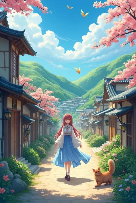 Create an enchanting anime image by depicting a picturesque village with charming, traditional architecture surrounded by rolling hills and blooming flowers. Feature a beautiful character with flowing hair and elegant attire, set against a backdrop reflect...